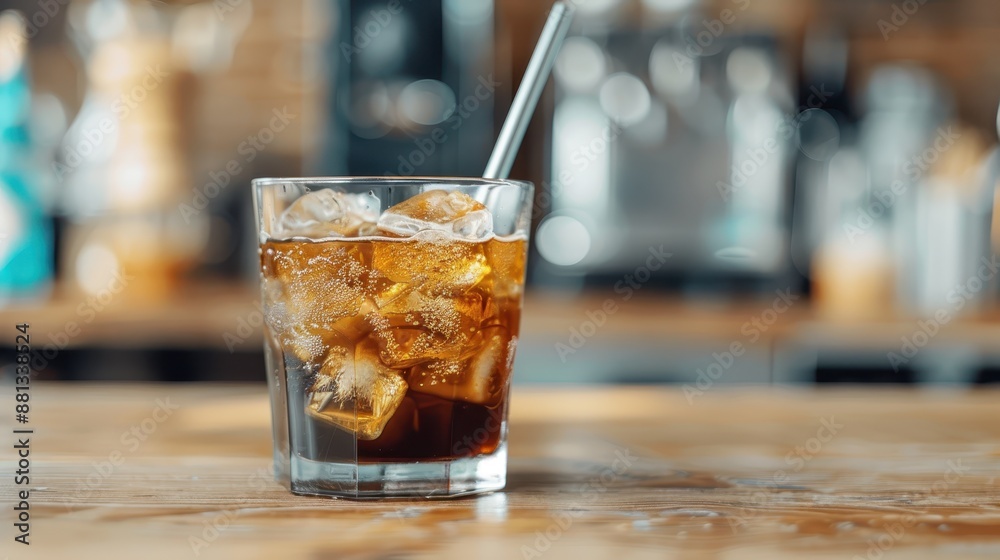 A glass of iced coffee filled with ice cubes stands on a wooden counter with a silver straw, set against a blurred indoor café ambiance in the background. A glass of iced coffee filled with ice cubes stands on a wooden counter with a silver straw, set against a blurred indoor café ambiance in the background.