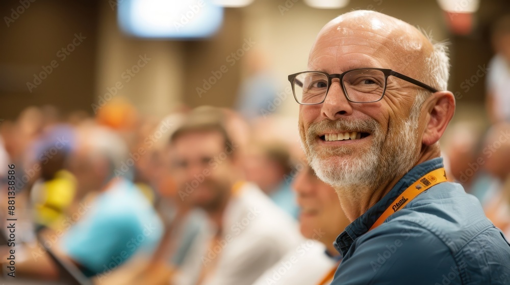 A cheerful, bald man with glasses smiling broadly while seated at a conference surrounded by fellow attendees, conveying a positive and engaging atmosphere. A cheerful, bald man with glasses smiling broadly while seated at a conference surrounded by fellow attendees, conveying a positive and engaging atmosphere.