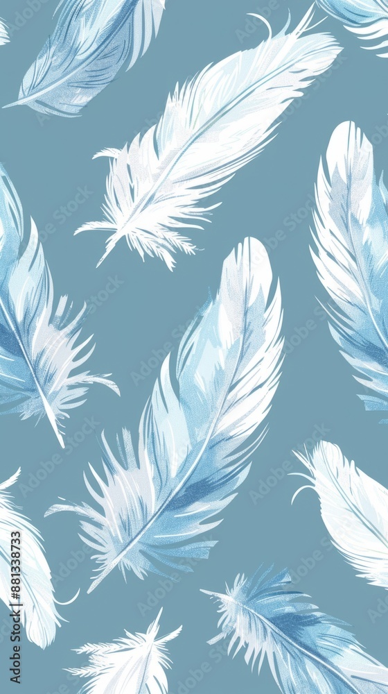 Watercolor feathers in blue and white on a light blue background