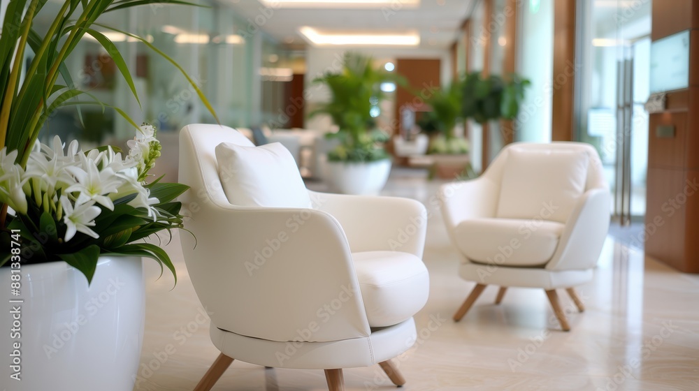 Fototapeta premium A cozy seating area in a modern office lobby, featuring plush white chairs, large potted plants, soft lighting, and clean lines, offering a welcoming and comfortable environment.