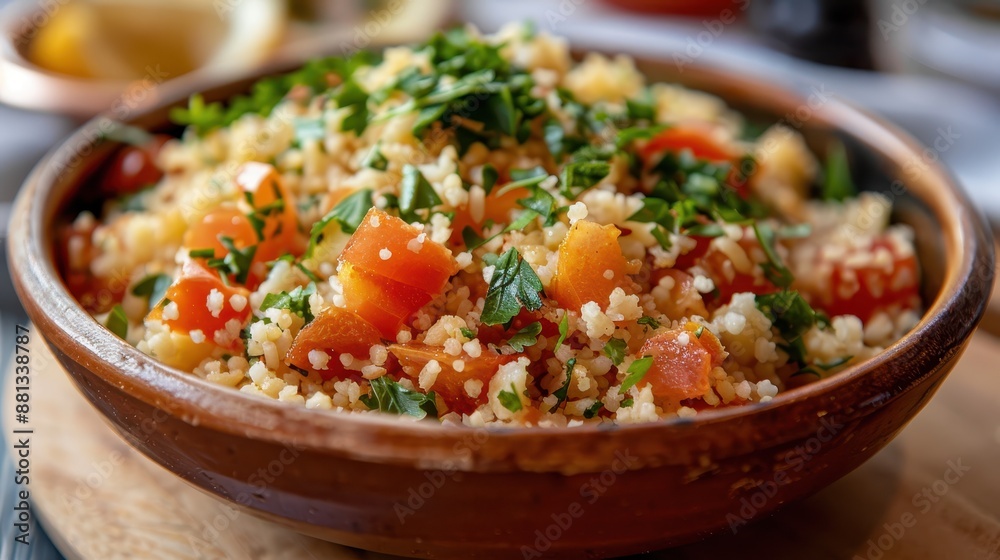A delectable bowl of couscous salad combined with assorted vegetables, offering a balanced and nutritious dish perfect for a wholesome meal or side dish. A delectable bowl of couscous salad combined with assorted vegetables, offering a balanced and nutritious dish perfect for a wholesome meal or side dish.