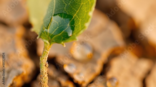 A vivid close-up captures a green leaf with water droplets resting on it atop cracked dry soil, representing the vitality and delicate balance in nature amidst dry conditions. photo