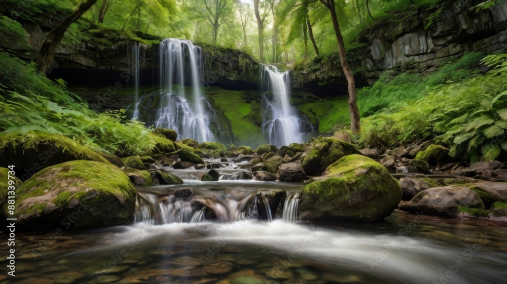 Tranquil waterfalls flowing through a lush forest in summer Tranquil waterfalls flowing through a lush forest in summer