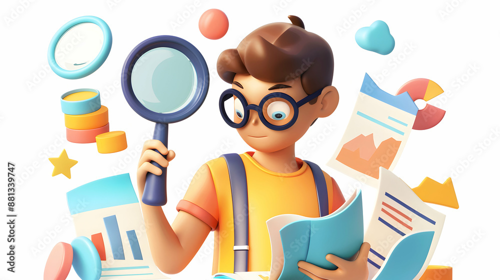 3D Flat Icon Person Holding Magnifying Glass with Documents and Graphs for Analysis and Insights. Copy Space on White Background 3D Flat Icon Person Holding Magnifying Glass with Documents and Graphs for Analysis and Insights. Copy Space on White Background