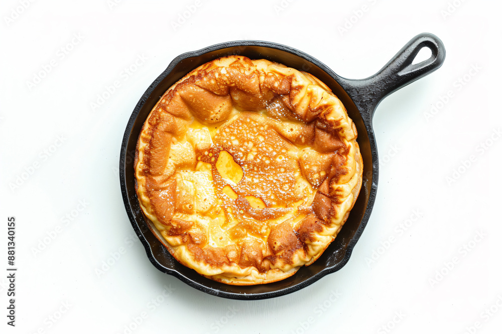 a pancake in a cast iron skillet on a white surface