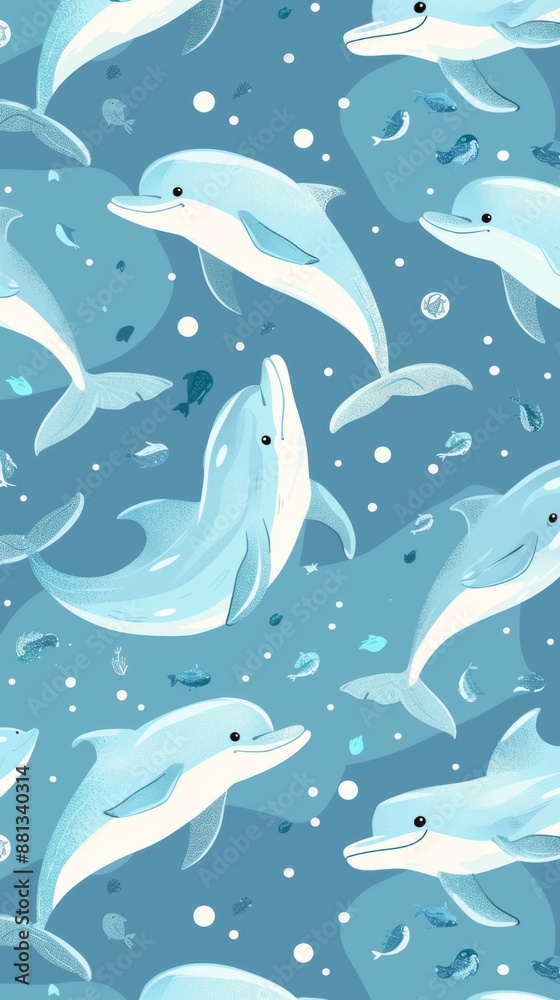 Dolphins playfully swim in a blue ocean filled with bubbles and small fish Dolphins playfully swim in a blue ocean filled with bubbles and small fish