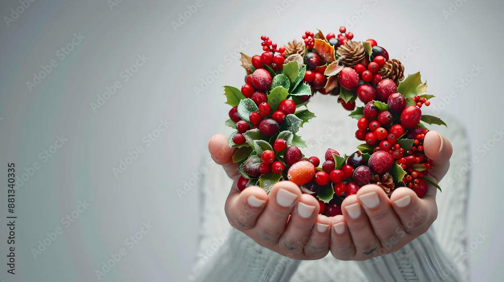 3D Flat Icon of Person Holding Thanksgiving Wreath and Cranberries, Festive Holiday Concept with Copy Space on White Background 3D Flat Icon of Person Holding Thanksgiving Wreath and Cranberries, Festive Holiday Concept with Copy Space on White Background