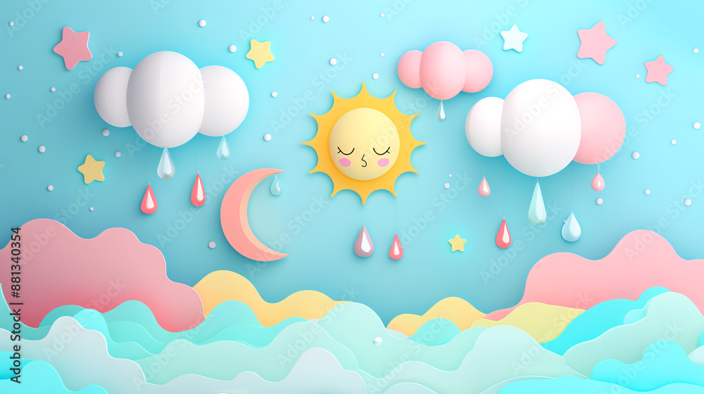 3D cartoon weather elements in paper cut style on colorful background 3D cartoon weather elements in paper cut style on colorful background