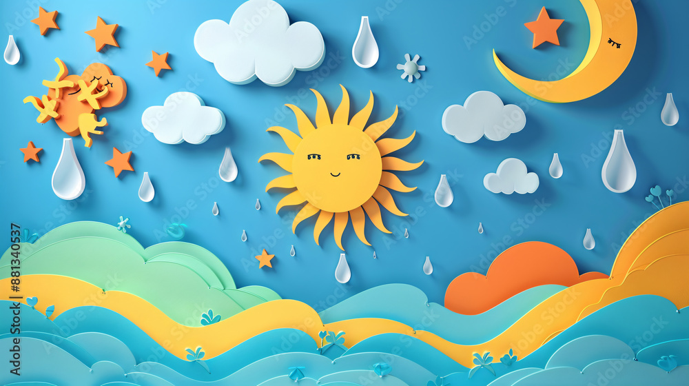 Cute 3D cartoon weather elements in paper cut style Cute 3D cartoon weather elements in paper cut style