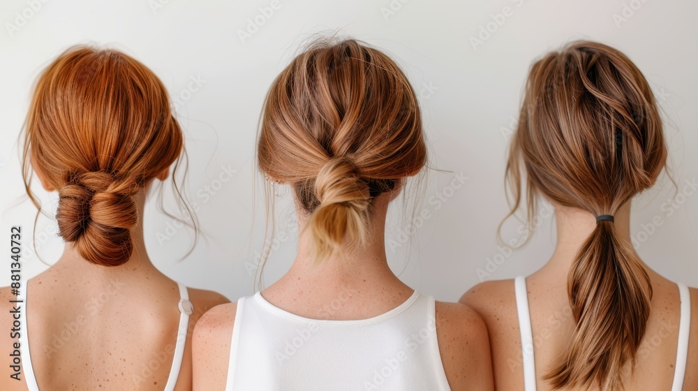 This image features a variety of three low bun hairstyles in different colors, showcasing unique styling techniques, perfect for an array of formal and casual occasions. This image features a variety of three low bun hairstyles in different colors, showcasing unique styling techniques, perfect for an array of formal and casual occasions.