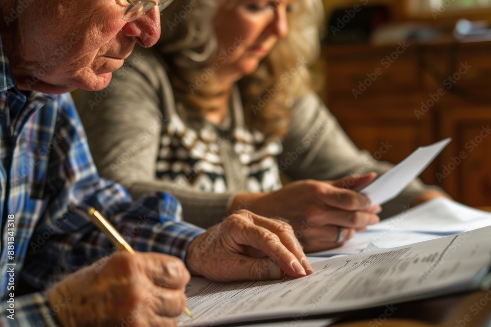 Woman Senior Bill Finance retirement couple home file calculator Paper wife budget old man together mature old retirement paperwork tax Woman Senior Bill Finance retirement couple home file calculator Paper wife budget old man together mature old retirement paperwork tax