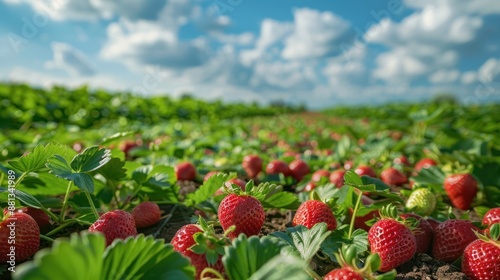 Green field of strawberry plantation on a sunny day. Landscape with green strawberry field with blue cloudy sky