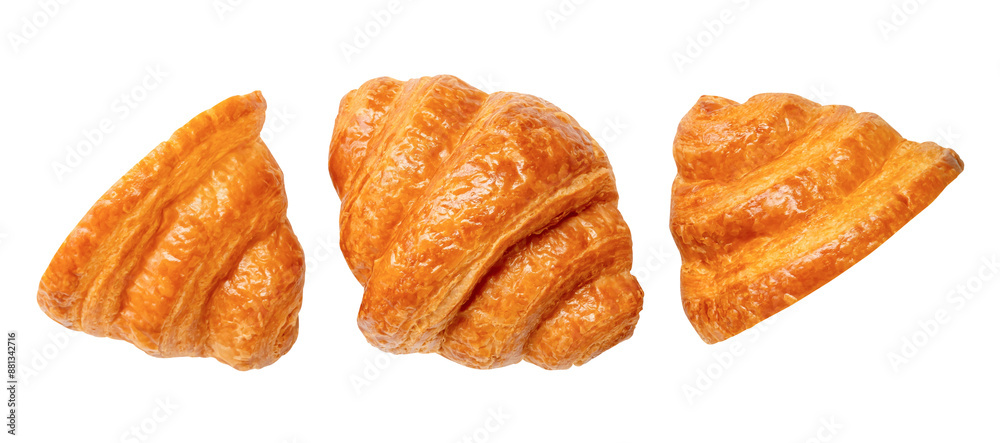 Top view set of single golden croissant with halves isolated with clipping path in png file format Top view set of single golden croissant with halves isolated with clipping path in png file format