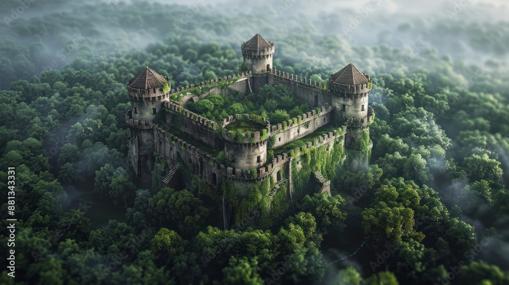 Aerial View of an Ancient Castle Surrounded by a Lush Forest, Capturing ...