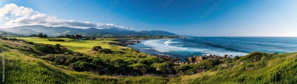 Breathtaking Panoramic View of Serene Ocean, Lush Green Hills, and Majestic Mountains, A Coastal Paradise Breathtaking Panoramic View of Serene Ocean, Lush Green Hills, and Majestic Mountains, A Coastal Paradise