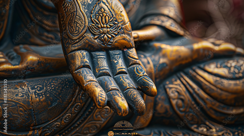 Close-up of Buddha statue's hand in mudra, intricate details Close-up of Buddha statue's hand in mudra, intricate details