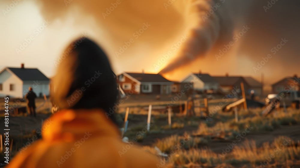 Fototapeta premium A dramatic scene where a person, viewed from behind, watches a powerful tornado approaching a residential area, causing a destructive trail during sunset.
