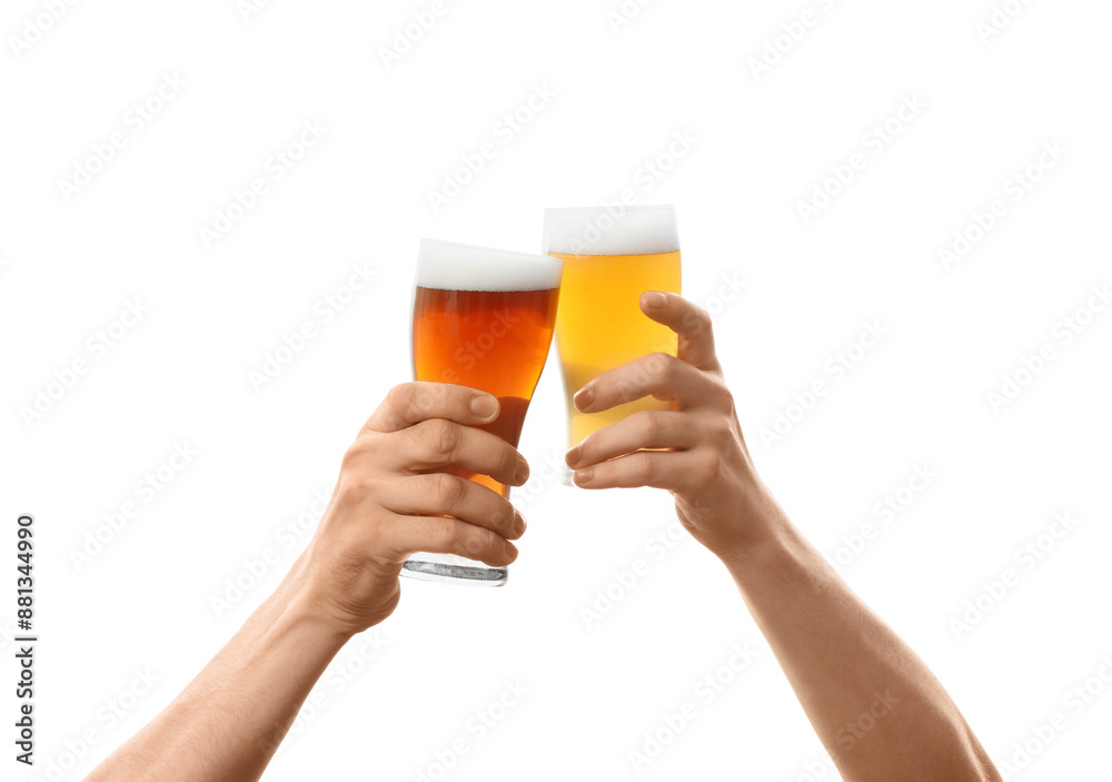 Hands with glasses of beer on white background Hands with glasses of beer on white background