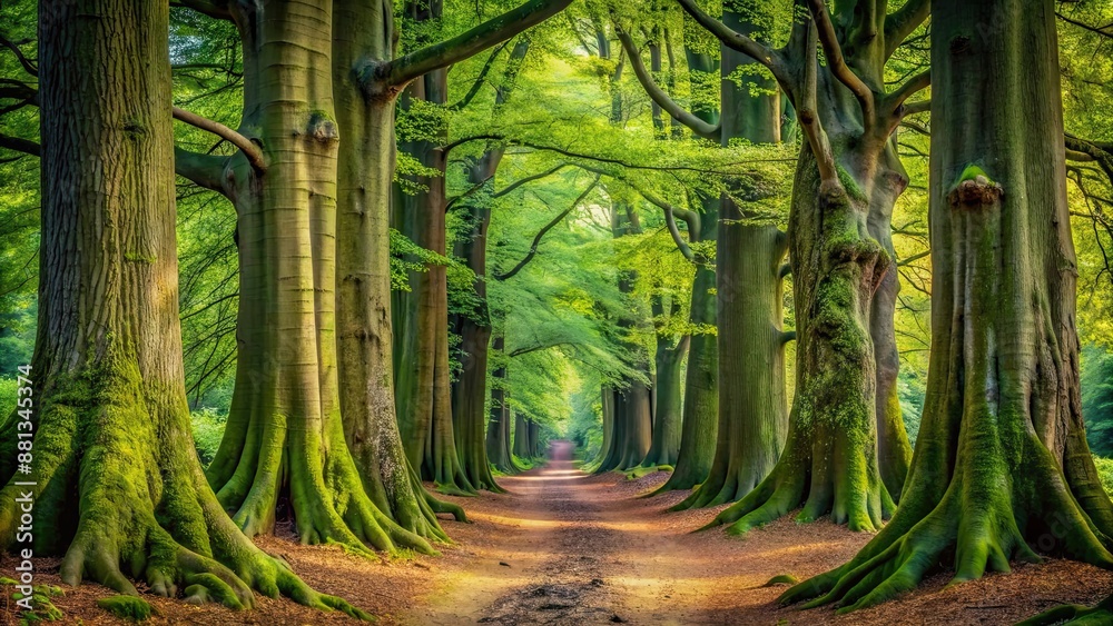 Naklejka premium Woodland walk through towering trees with massive trunks and branches , nature, forest, woods, foliage, giant, massive