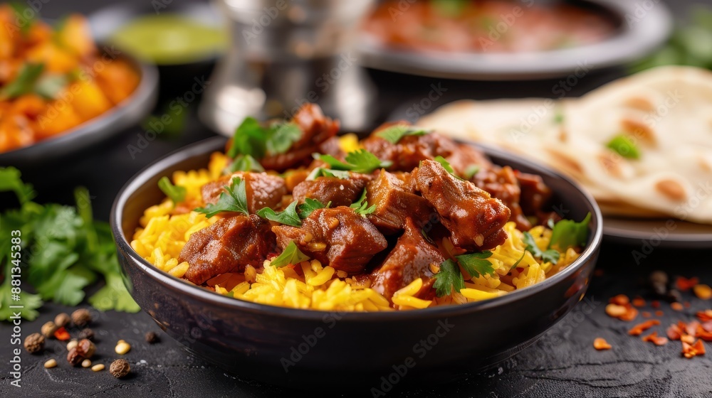 A savory beef curry dish garnished with fresh herbs, served on a bed of vibrant yellow rice with sides of naan bread and green cilantro garnish. Perfect for a hearty meal. A savory beef curry dish garnished with fresh herbs, served on a bed of vibrant yellow rice with sides of naan bread and green cilantro garnish. Perfect for a hearty meal.