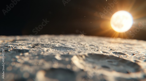 A distant view of the moon's landscape with its rocky terrain and craters, contrasted by the intense sunlight creating a bright and mesmerizing effect. photo