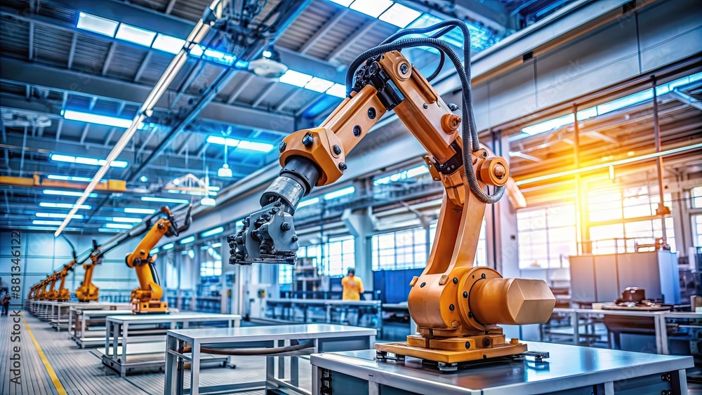 Automated robotic arm working in a high-tech factory, technology, robotics, automation, manufacturing Automated robotic arm working in a high-tech factory, technology, robotics, automation, manufacturing