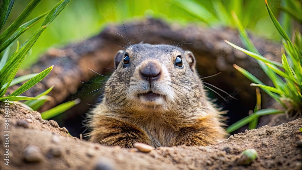 Curious groundhog peeking out from burrow, groundhog, animal, wildlife, rodent, peeking, curiosity, burrow, hole, emerging Curious groundhog peeking out from burrow, groundhog, animal, wildlife, rodent, peeking, curiosity, burrow, hole, emerging