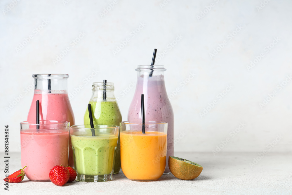 Glasses and bottles of different fresh smoothie with strawberries and kiwi on white background
