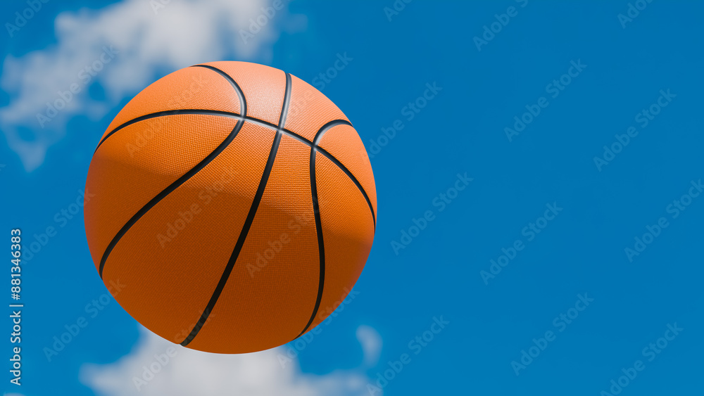 orange basketball ball is in the air under a blue sky with clouds, sports activities and fun theme orange basketball ball is in the air under a blue sky with clouds, sports activities and fun theme