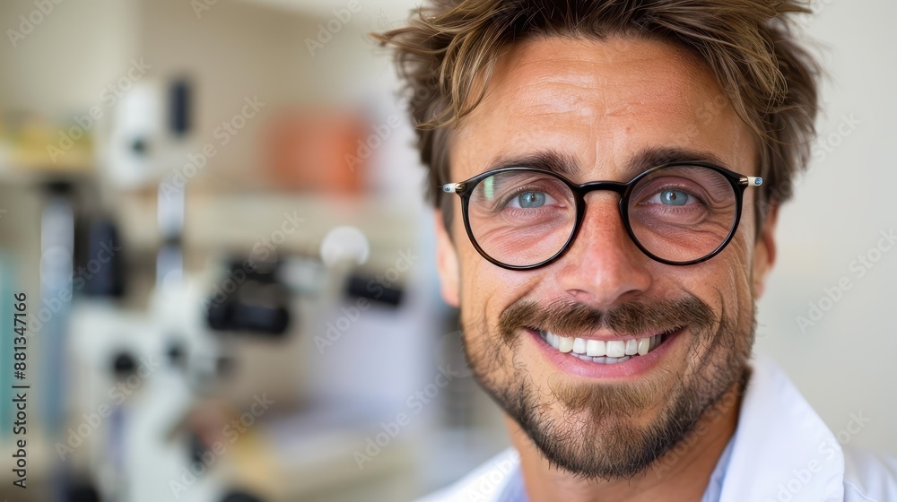 A smiling scientist with glasses and a beard in a bright, modern laboratory is wearing a white lab coat and appears to be engaged in scientific research. A smiling scientist with glasses and a beard in a bright, modern laboratory is wearing a white lab coat and appears to be engaged in scientific research.