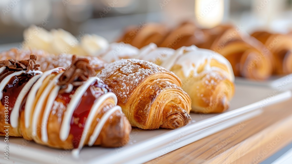 A delightful array of freshly baked croissants topped with colorful glazes and powdered sugar, showcased on a modern display plate, perfect for breakfast or brunch. A delightful array of freshly baked croissants topped with colorful glazes and powdered sugar, showcased on a modern display plate, perfect for breakfast or brunch.