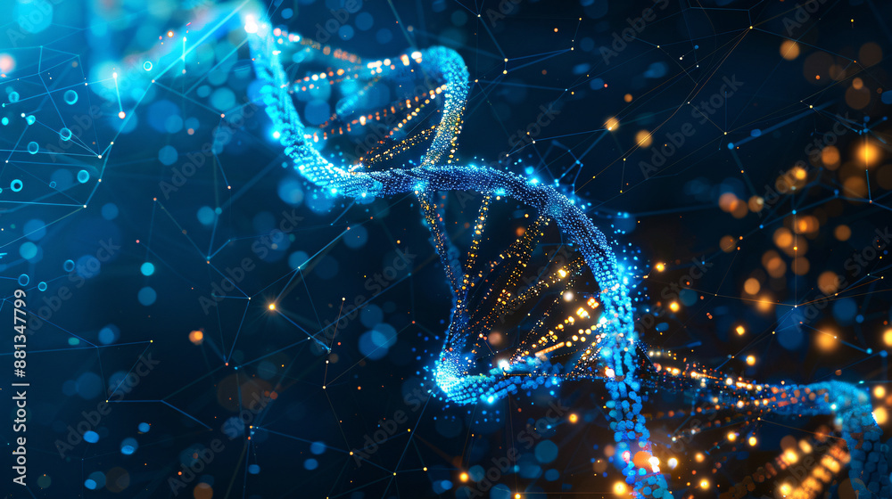 Glowing double helix DNA strand with digital data overlay Glowing double helix DNA strand with digital data overlay