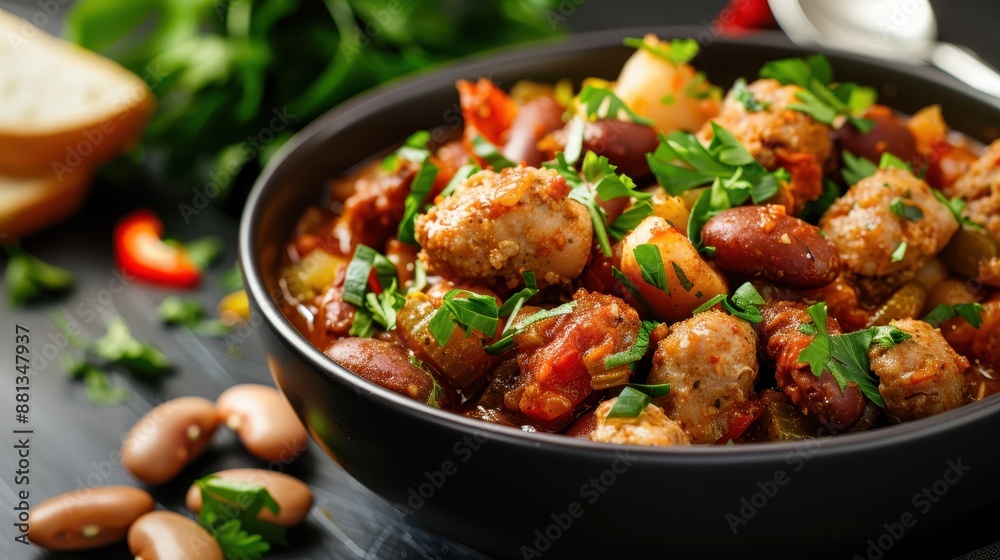 A savory and rich bean stew cooked with hearty sausages, garnished magnificently with fresh parsley and served in a sleek black bowl on a dark background. A savory and rich bean stew cooked with hearty sausages, garnished magnificently with fresh parsley and served in a sleek black bowl on a dark background.