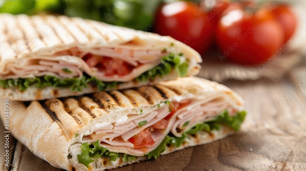 A hearty, grilled panini stuffed with slices of turkey, fresh lettuce, and juicy tomatoes, creating a wholesome and satisfying meal perfect for a nourishing lunch or snack. A hearty, grilled panini stuffed with slices of turkey, fresh lettuce, and juicy tomatoes, creating a wholesome and satisfying meal perfect for a nourishing lunch or snack.