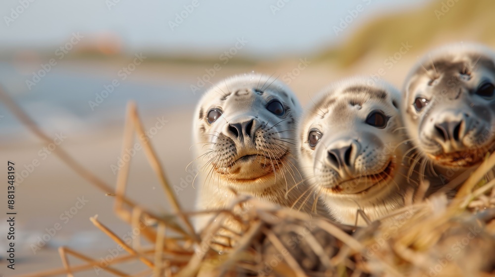 Three adorable seal pups nestling together on a sandy beach, each displaying a playful and curious expression, highlighting their cute features and natural habitat. Three adorable seal pups nestling together on a sandy beach, each displaying a playful and curious expression, highlighting their cute features and natural habitat.