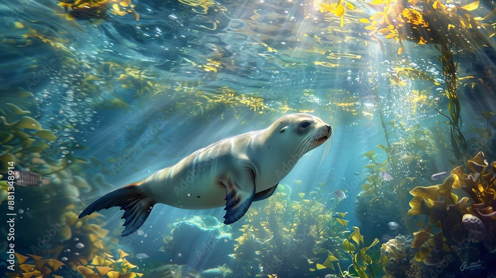 Fototapeta premium Baby sea lion gliding through water with vibrant underwater plants and sunlight , horizontal Composition, product view, Centered Composition, masterpiece, best quality, highly detailed.