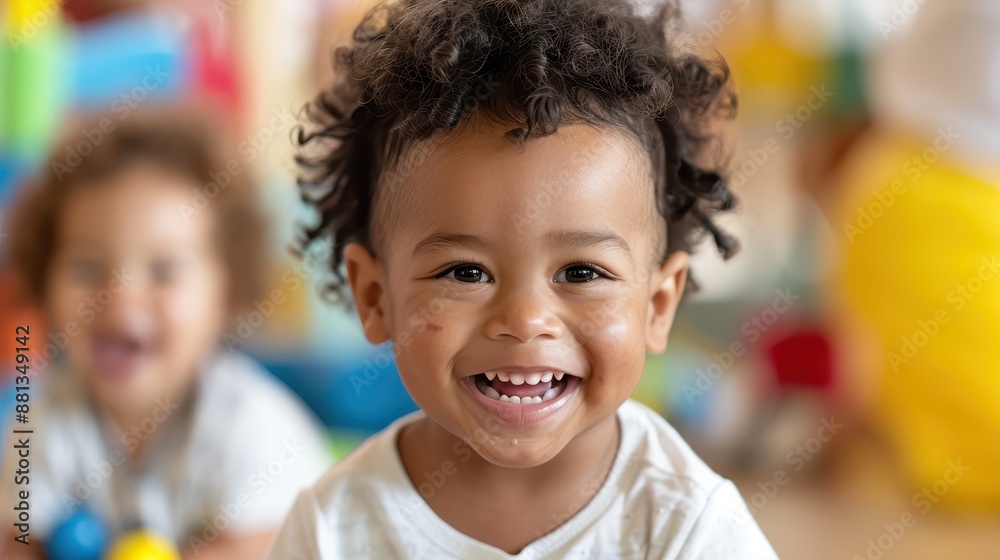 A joyful toddler with curly hair, dressed in a white shirt, smiling brightly while playing in a vibrant playroom, capturing the innocence and pure happiness of childhood. A joyful toddler with curly hair, dressed in a white shirt, smiling brightly while playing in a vibrant playroom, capturing the innocence and pure happiness of childhood.