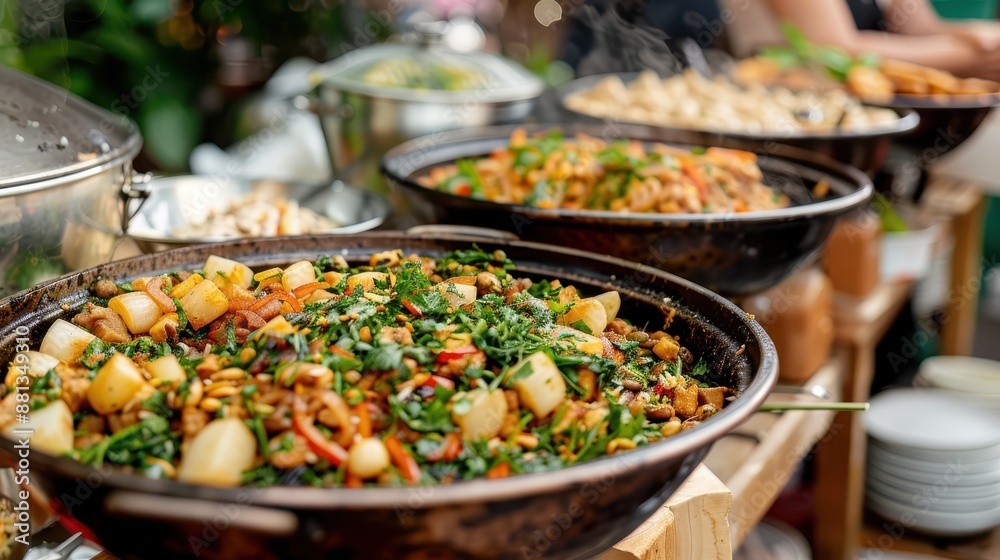 A variety of colorful dishes on a buffet table, featuring sautéed vegetables, herbs, and other mouth-watering offerings, perfect for a social dining experience.
