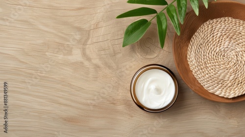 Wallpaper Mural A simple setup displaying a jar of beauty cream with a plant on a wooden surface, emphasizing minimalism and natural skincare, enhancing the soothing and classic feel of the setting. Torontodigital.ca
