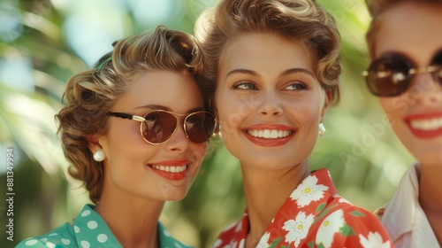 Three fashionable women in retro outfits enjoying the outdoors, smiling and radiating elegance, friendship, and timeless beauty, capturing a moment of classic charm. photo