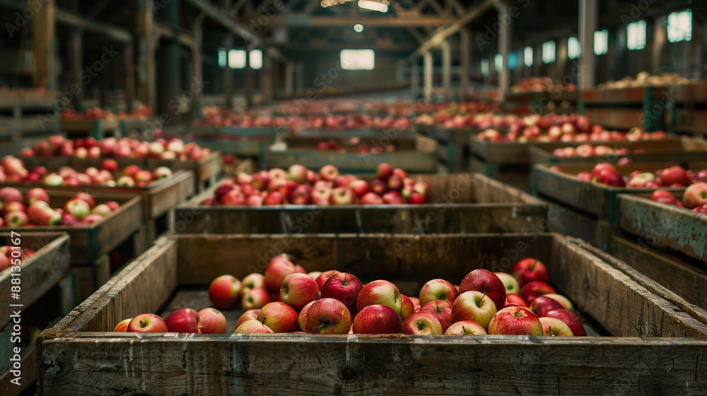 Rustic Apple Harvest in Wooden Crates at a Fruit Warehouse