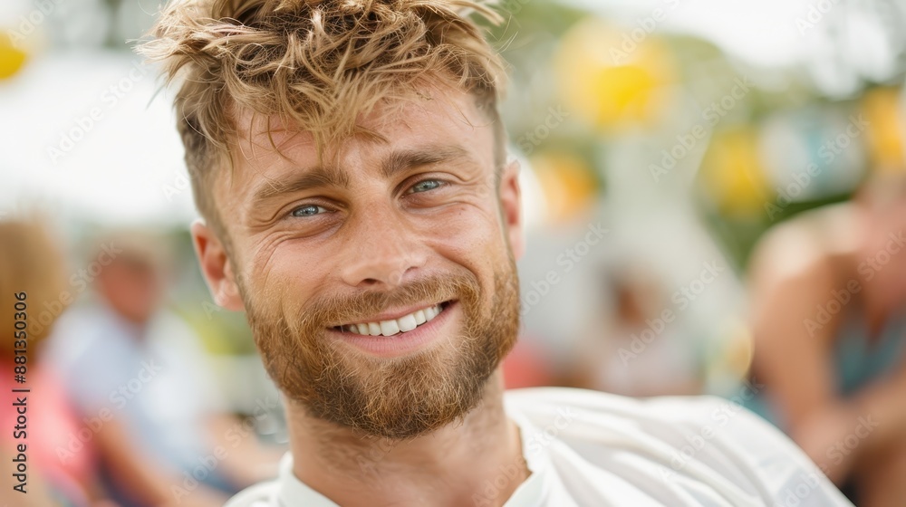 This is a close-up image of a person outdoors, where sunlight and blurred people in the background are visible. It focuses on the natural outdoor ambiance. This is a close-up image of a person outdoors, where sunlight and blurred people in the background are visible. It focuses on the natural outdoor ambiance.