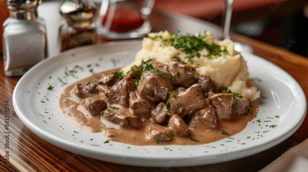 Beef stroganoff dish with gravy and mashed potatoes on white plate Beef stroganoff dish with gravy and mashed potatoes on white plate