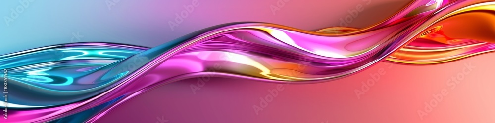 A wavy, shiny, metallic ribbon, in shades of blue, pink, and gold, flows across a colorful background A wavy, shiny, metallic ribbon, in shades of blue, pink, and gold, flows across a colorful background
