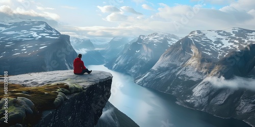 Man traveler sitting on Trolltunga rocky cliff edge in mountains photo