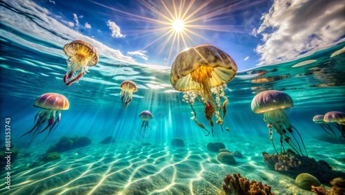 A mesmerizing underwater scene featuring translucent jellyfish swimming freely amidst shimmering sunlight filtering through crystal-clear turquoise ocean waters.