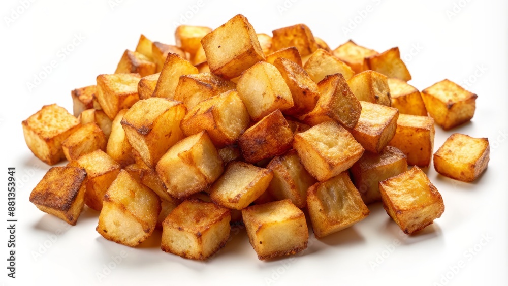 Crunchy, golden-brown, bite-sized salted potato cubes scattered randomly on a transparent background, perfect for food and snack-related designs. Crunchy, golden-brown, bite-sized salted potato cubes scattered randomly on a transparent background, perfect for food and snack-related designs.