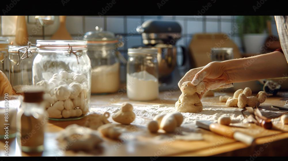 Bright kitchen scene with hands molding salt dough figure Bright kitchen scene with hands molding salt dough figure