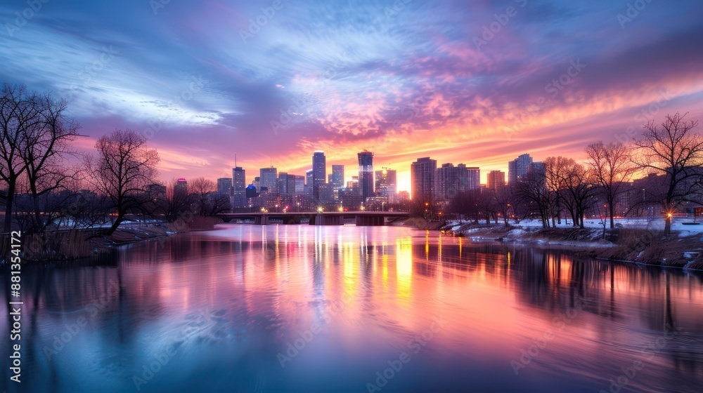Obraz premium Stunning Panorama of City Skyline at Dusk with River Reflections and Vibrant Sky, Urban Landscape Photography
