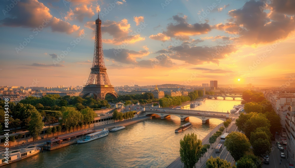 Obraz premium Stunning Panoramic View of the Eiffel Tower at Sunset, Paris, France, Iconic Landmark, Historic Architecture, Cityscape, River Seine, Bridge, Golden Hour, Travel Destination, Tourist Attraction
